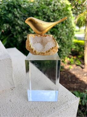 Gold Bird Sculpture Quartz Druzy Geode Clear Acrylic Base Glam Home Decor